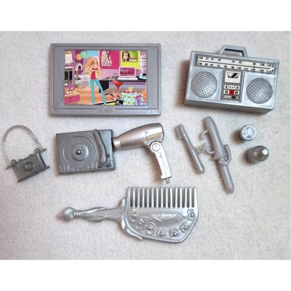 Barbie Size Misc Accessories Lot Miniature Gray Silver Radio Record Player TV